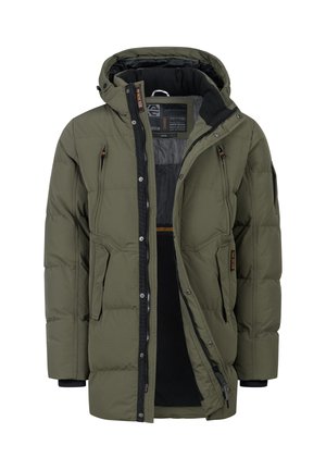 Groene gewatteerde winterjas met een capuchon, voorrits en meerdere zakken. Heeft zwarte voering en verstelbare manchetten voor extra warmte.