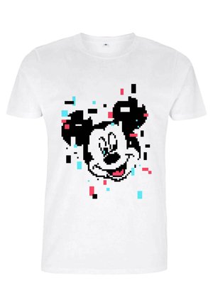 Weißes T-Shirt mit einem pixelierten Mickey Mouse-Design in Schwarz, umgeben von bunten Akzenten in Blau und Pink.