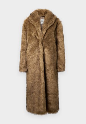 Pruun faux karvane jakk, pikk disain laia kraega, pehme tekstuuriga ja täissleevedega. Nähtavad kinnitused ja taskud puuduvad.