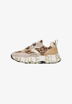 Beige and leopard print sneaker with thick white sole featuring large beige text, lace-up front, and suede heel tab.