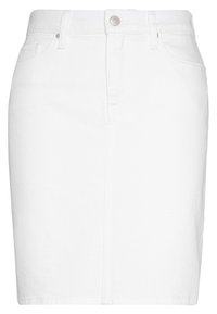 Bílá džínsová sukně s přiléhavým střihem, zapínání na knoflík a s poutky na opasek. Má přední a zadní kapsy; rovný lem ke kolenům.