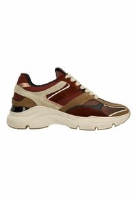 Multicolore sneaker met mesh, suède en lederen materialen. Het ontwerp bevat beige, bruine en rode accenten met een stevige zool.