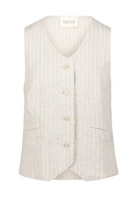Gilet en lin beige avec des rayures verticales blanches, décolleté en V, cinq boutons et deux poches avant. Tissu léger avec une texture douce.