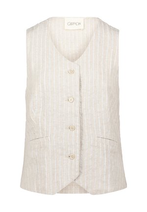 Gilet en lin beige avec des rayures verticales blanches, décolleté en V, cinq boutons et deux poches avant. Tissu léger avec une texture douce.
