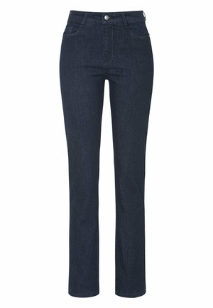 Dunkelblaue Jeans aus Denim mit geradem Bein, ausgestattet mit einem Fünf-Taschen-Design, vorderem Knopfverschluss und dezenten Steppdetails.