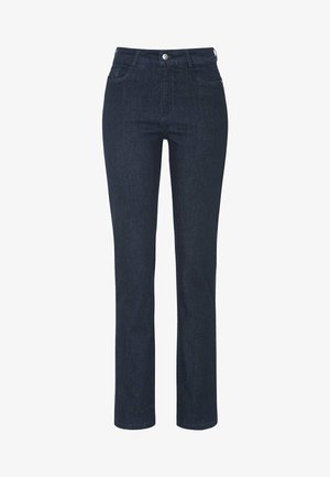 Mørkeblå denimjeans med lige ben, der har en fem-lommers design, frontlukning med knap og subtile syninger.