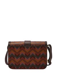 Sac messager brun avec un motif chevron en orange, rose et vert. Matériau texturé avec une sangle en cuir et une fermeture supérieure.