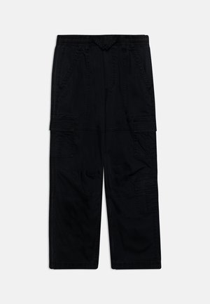 Pantalons cargo noirs avec une taille élastique, plusieurs poches latérales et une coupe ample. Fabriqués en tissu durable avec une texture lisse.