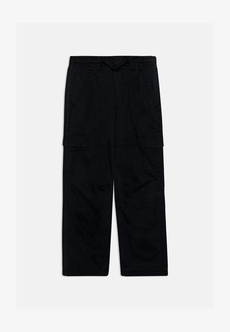 Svart cargobukser med elastisk midjebånd, flere sidelommer og løst snitt. Laget av slitesterkt stoff med en glatt tekstur.