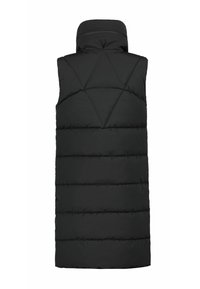 Gilet matelassé noir avec un col haut, de forme rectangulaire, motif en losanges, et sans manches, fabriqué à partir d'un matériau lisse et léger.