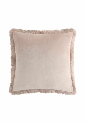 Weiches beige quadratisches Kissen mit samtiger Textur und dicken Fransen an allen Seiten.