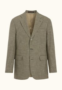 Maßgeschneiderter Herrenblazer mit Hahnentrittmuster in Beige und Braun, mit Zwei-Knopf-Verschluss, Revers mit Kerbe, Pattentaschen und beigem Innenfutter.
