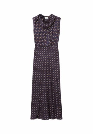 Vestido largo sin mangas en azul marino con pequeño estampado circular rojo y beige y escote drapeado.