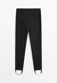 Pantaloni neri su misura con una trama liscia, caratterizzati da una vestibilità slim, due tasche posteriori e bordi rifiniti con accentuazioni a lunetta.