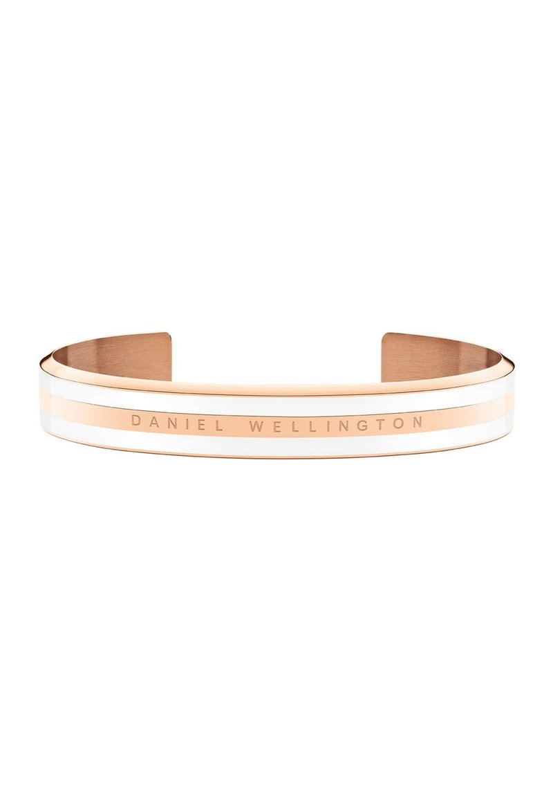 Roségoldenes Armband mit glatter Oberfläche, versehen mit weißen und roségoldenen Streifen. Mit der Inschrift "DANIEL WELLINGTON" auf der Oberfläche.