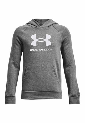 Sudadera con capucha gris hecha de tela suave, con un gran logo blanco de Under Armour en el frente y un bolsillo tipo canguro.
