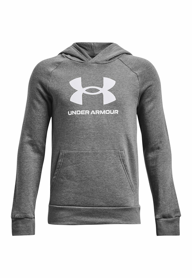 Grijze hoodie gemaakt van zachte stof, met een groot wit Under Armour-logo op de voorkant en een buidelzak.