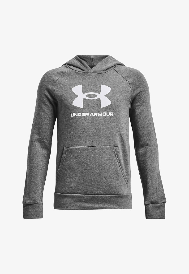 Šedá kapucňová mikina vyrobená z mäkkej tkaniny, so veľkým bielym logom Under Armour na prednej strane a klokanním vreckom.
