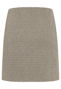 Mini-jupe droite beige et marron à motif pied-de-poule avec des coutures verticales discrètes.