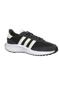 Svarta och grå sneakers med ovandel i mesh, tre vita ränder och dämpad sula. Texturerat tyg och gummisula för grepp.