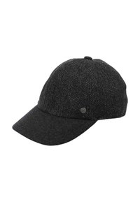 Dark gray herringbone-patterned cap with a curved brim, made of wool blend fabric, featuring a small logo on the side.