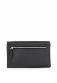 Black leather wallet with a textured finish, rectangular shape, featuring a front zip pocket with silver hardware and a minimalist design.