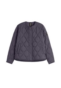 Quiltet marineblå jakke med rund halsudskæring, trykknaplukning foran og to sidelommer; har et tekstureret mønster over det hele.