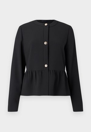 Giacca nera aderente con scollatura rotonda, maniche lunghe e dettaglio a peplo, con tre bottoni color oro sulla parte anteriore.