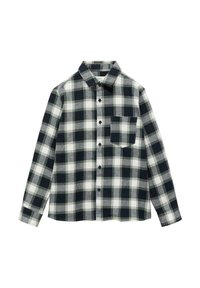 Camicia a maniche lunghe a quadretti nera, bianca e grigia con una singola tasca sul petto e colletto classico.