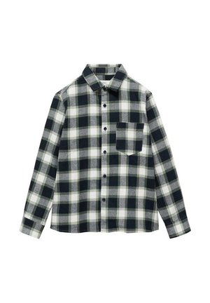 Chemise à carreaux noir, blanc et gris à manches longues avec une poche poitrine unique et un col classique.