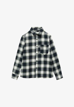 Camicia a maniche lunghe a quadretti nera, bianca e grigia con una singola tasca sul petto e colletto classico.
