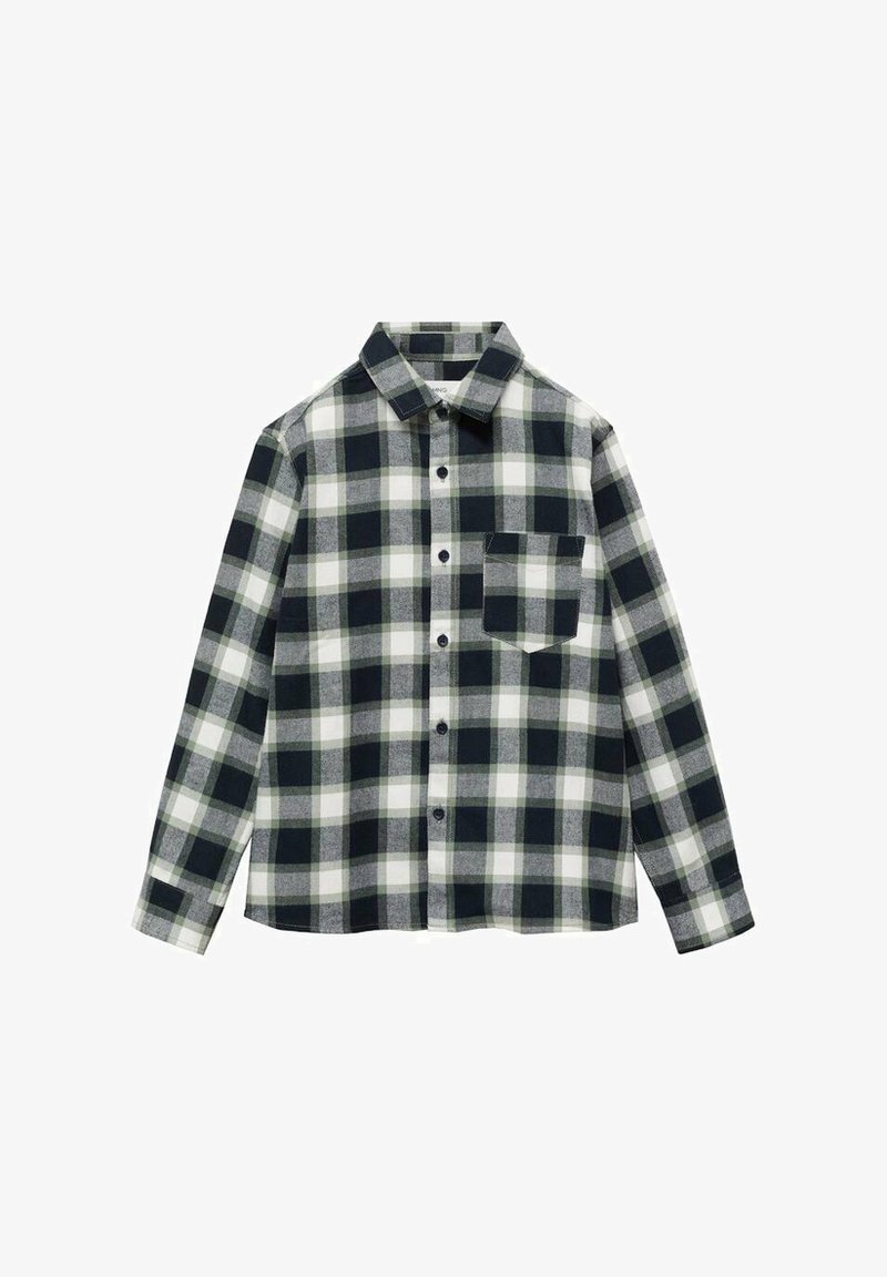 Črna, bela in siva karo srajca z dolgimi rokavi, gumbi na sprednji strani, enim žepom na prsih in klasičnim ovratnikom.