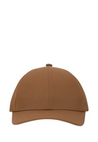 Brauner Hut aus weichem Stoff mit gebogenem Schirm und abgerundetem oberen Teil. Verfügt über perforierte Akzente auf einer Seite für Belüftung.