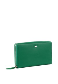 Green leather wallet with a smooth texture, zip closure, and a small silver logo detail on the front. Slim rectangular shape.