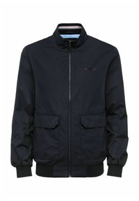 Granatowa kurtka zapinana na zamek z wysokim kołnierzem, dwiema przednimi kieszeniami, ściągaczami na mankietach i wykończeniem wewnętrznego kołnierza w paski. Gładki materiał o minimalistycznym designie.