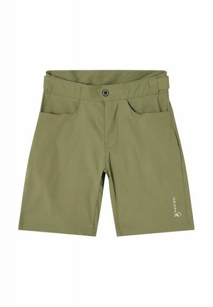 Olivengrønne knælange shorts med forlommer, knaplukning og Isbjörn-logo på den nedre højre ben.
