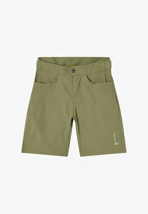 Olivengrønne knælange shorts med forlommer, knaplukning og Isbjörn-logo på den nedre højre ben.