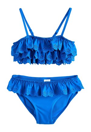 Blåt bikinisæt med flæset top og matchende underdel. Stoffet har blomstret hulmønster og elastiske stropper for justerbar pasform.