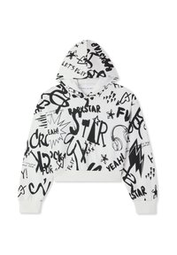 Hoodie corti in tessuto bianco con stampe grafiche nere, tra cui testo, stelle e fulmini. Ha un cappuccio con cordino e orlo a coste.