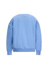 Felpa azzurra in morbido tessuto con scollatura rotonda, polsini e orlo a coste. Presenta un'etichetta piccola con la scritta "RETLOUR" sul retro.