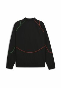 Sort jakke med kontrasterende rød og grøn syning. Elastisk talje og manchetter, med klassisk krave og en udekoreret rygdesign.