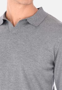 Polo grigio a maniche lunghe con scollatura a V e colletto, realizzato in un tessuto testurizzato. Presenta un colore uniforme senza motivi.
