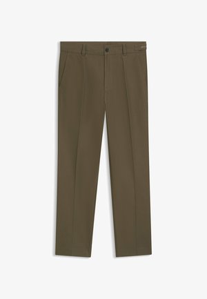Olive green tailored trousers with front pockets, belt loops, a button closure, and a small label on the waistband.