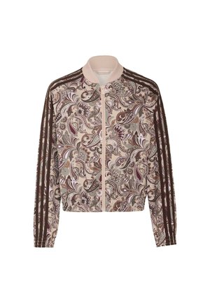 Světle růžová a hnědá bunda s motivem paisley na zip, s žebrovaným límcem a třemi tmavě hnědými pruhy na každém rukávu.