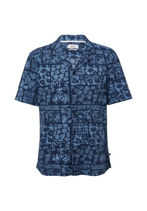 Kurzärmliges, dunkelblaues Hemd mit strukturiertem Druck floraler und geometrischer Muster in Hellblau. Vorderseite mit Knopfleiste und Kragen.