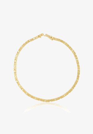 Goldenes Armband mit einem komplizierten, gewebten Design, ausgestattet mit einem Verschluss und einer glatten Textur. Das Schmuckstück reflektiert das Licht dezent.