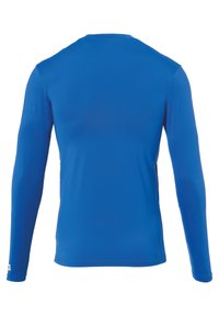 Chemise à manches longues de couleur bleu vif, en tissu lisse. Elle présente un col rond et des manches ajustées, sans motifs ni embellissements visibles.