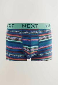 Bóxer con cintura en color azul verdoso que presenta el logo "NEXT". Rayas horizontales multicromáticas con diversos patrones sobre una base azul. Tejido suave y elástico.