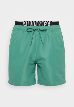 Shorts de bain verts en matériau léger, avec une taille élastique noire ornée d'une inscription de marque blanche et un cordon de serrage.