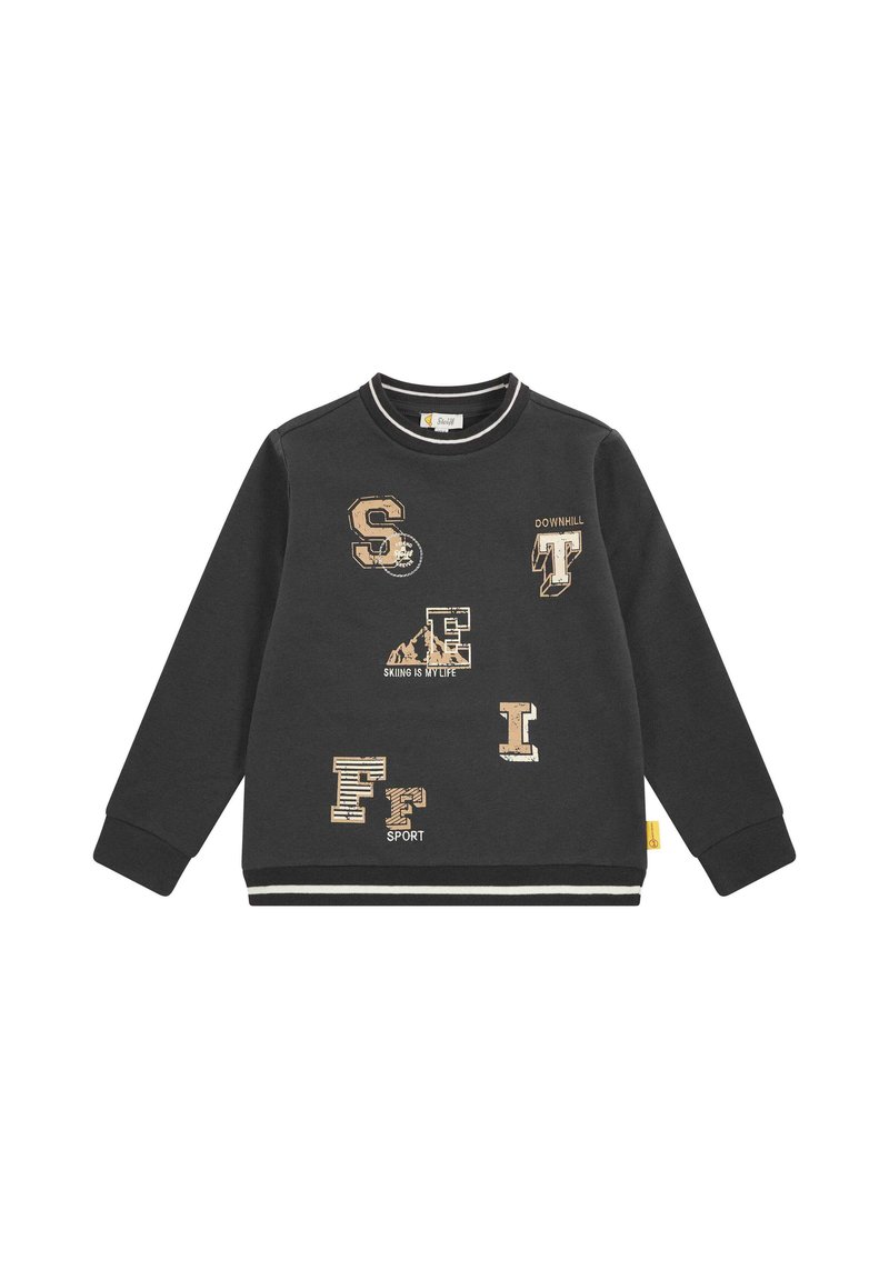 Sudadera negra de manga larga, cuello redondo y puños acanalados. Presenta parches texturizados y texto impreso en beige que incluye "DOWNHILL."